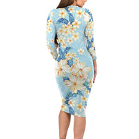 Hawaii Hibiscus Plumeria Blue Long Sleeve Bodycon Dress Polynesian Pattern