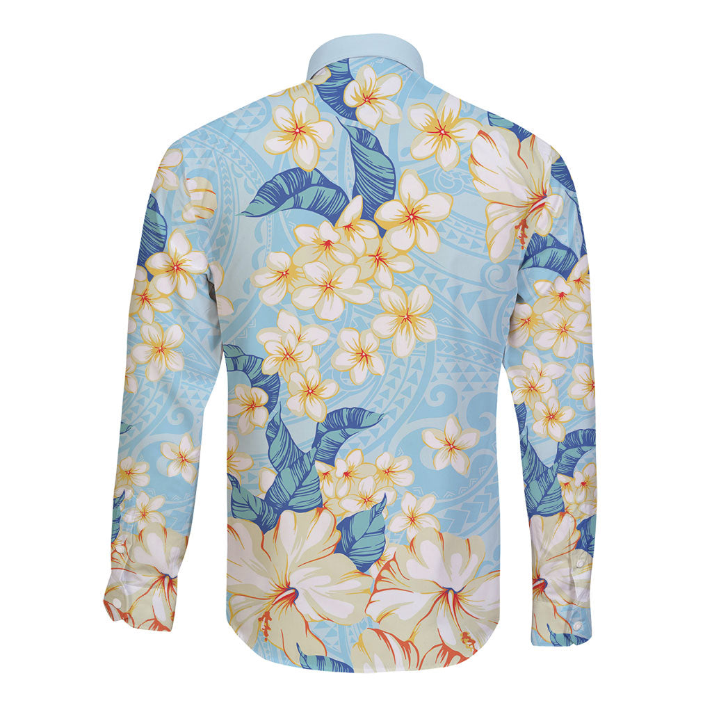 Hawaii Hibiscus Plumeria Blue Long Sleeve Button Shirt Polynesian Pattern