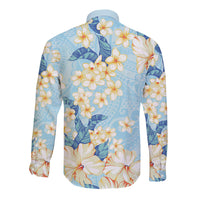 Hawaii Hibiscus Plumeria Blue Long Sleeve Button Shirt Polynesian Pattern