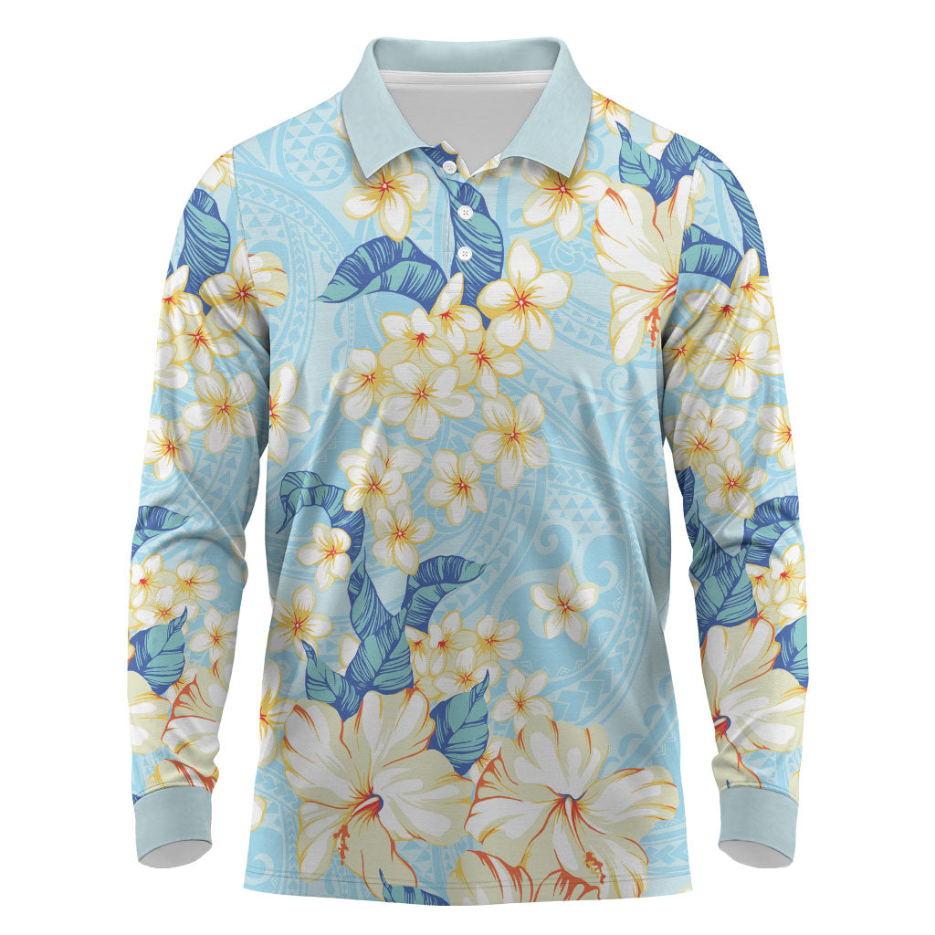 Hawaii Hibiscus Plumeria Blue Long Sleeve Polo Shirt Polynesian Pattern