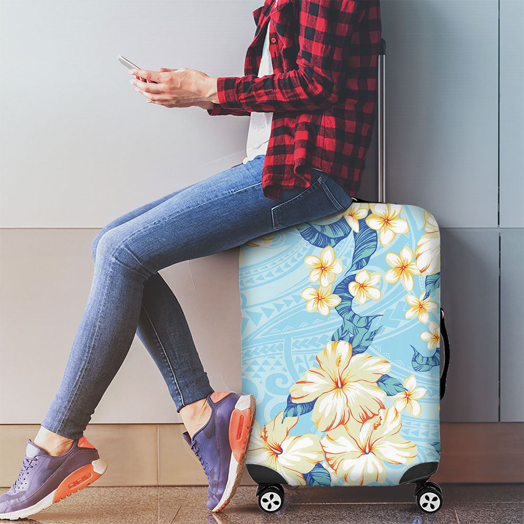 Hawaii Hibiscus Plumeria Blue Luggage Cover Polynesian Pattern