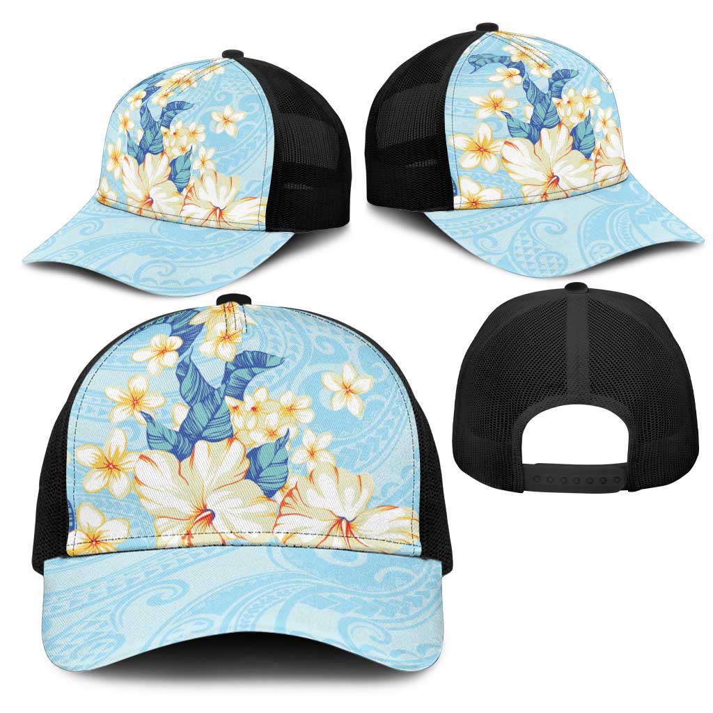 Hawaii Hibiscus Plumeria Blue Mesh Trucker Cap Polynesian Pattern