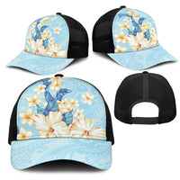 Hawaii Hibiscus Plumeria Blue Mesh Trucker Cap Polynesian Pattern