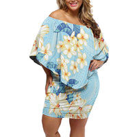 Hawaii Hibiscus Plumeria Blue Off Shoulder Short Dress Polynesian Pattern