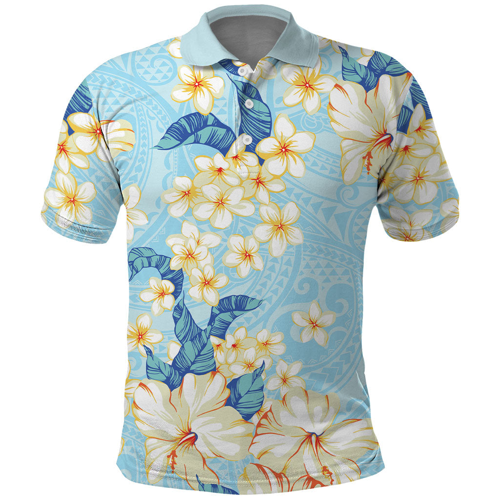 Hawaii Hibiscus Plumeria Blue Polo Shirt Polynesian Pattern