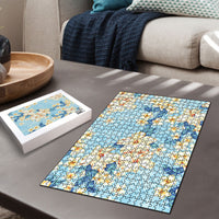 Hawaii Hibiscus Plumeria Blue Puzzle Polynesian Pattern