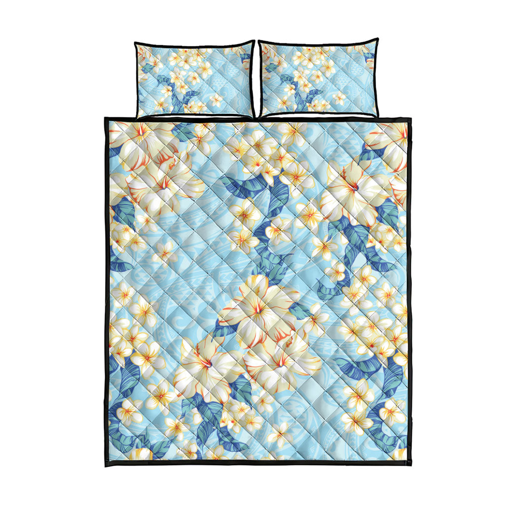 Hawaii Hibiscus Plumeria Blue Quilt Bed Set Polynesian Pattern