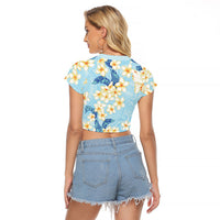 Hawaii Hibiscus Plumeria Blue Raglan Cropped T Shirt Polynesian Pattern