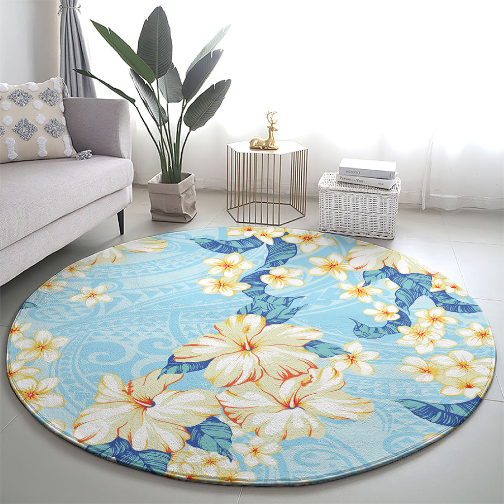 Hawaii Hibiscus Plumeria Blue Round Carpet Polynesian Pattern