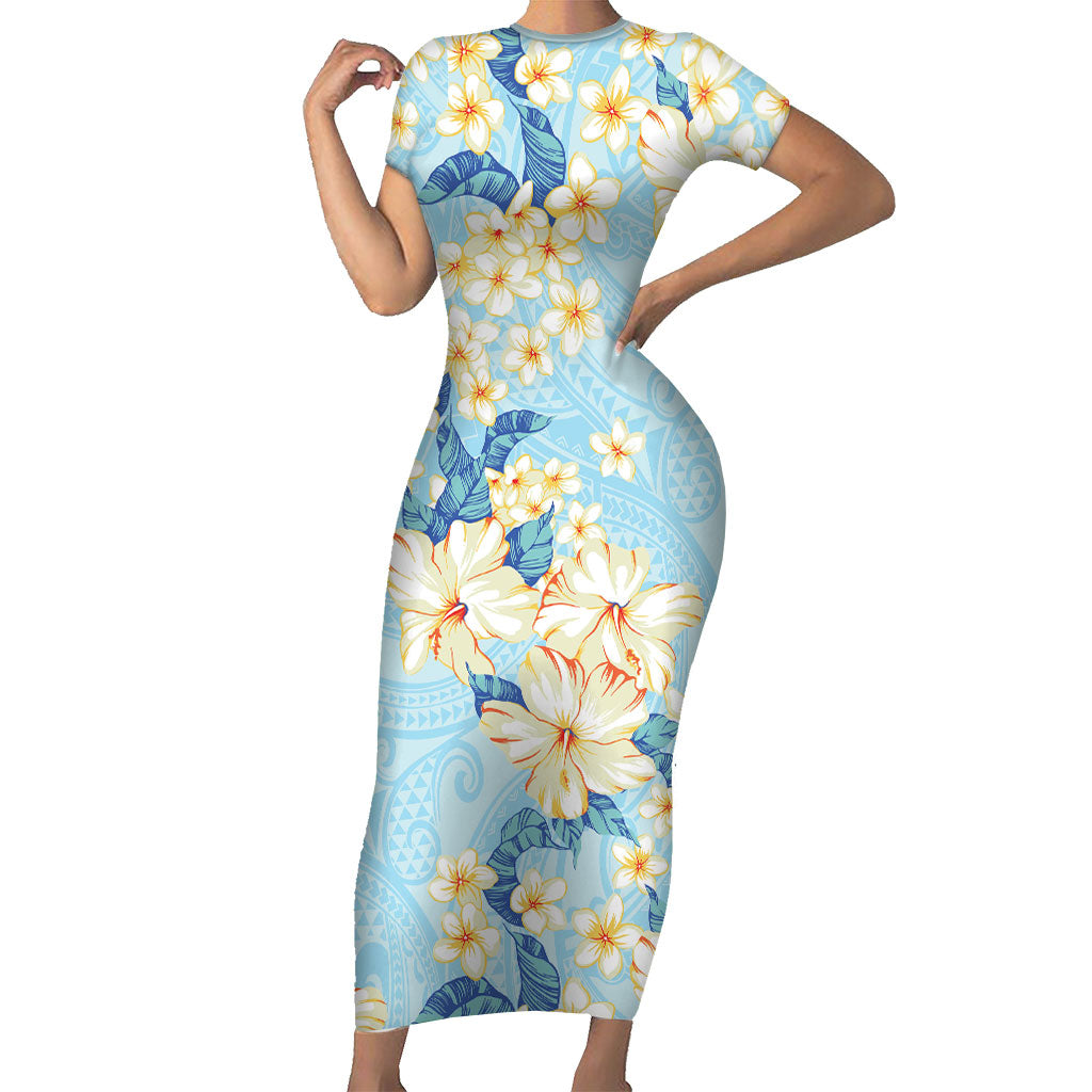 Hawaii Hibiscus Plumeria Blue Short Sleeve Bodycon Dress Polynesian Pattern