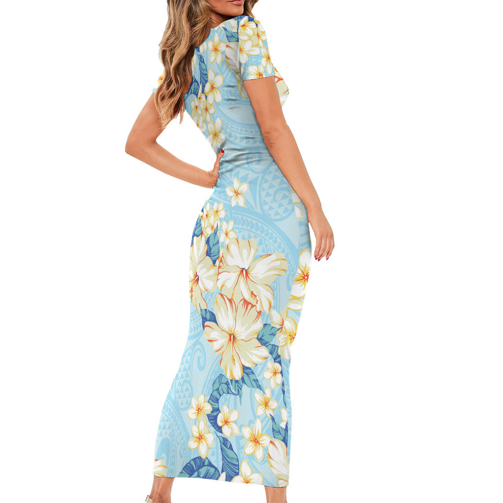 Hawaii Hibiscus Plumeria Blue Short Sleeve Bodycon Dress Polynesian Pattern