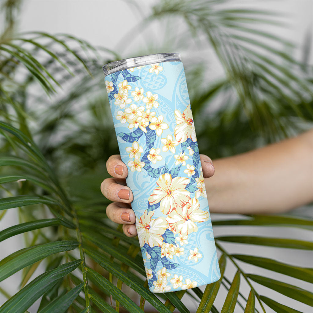 Hawaii Hibiscus Plumeria Blue Skinny Tumbler Polynesian Pattern