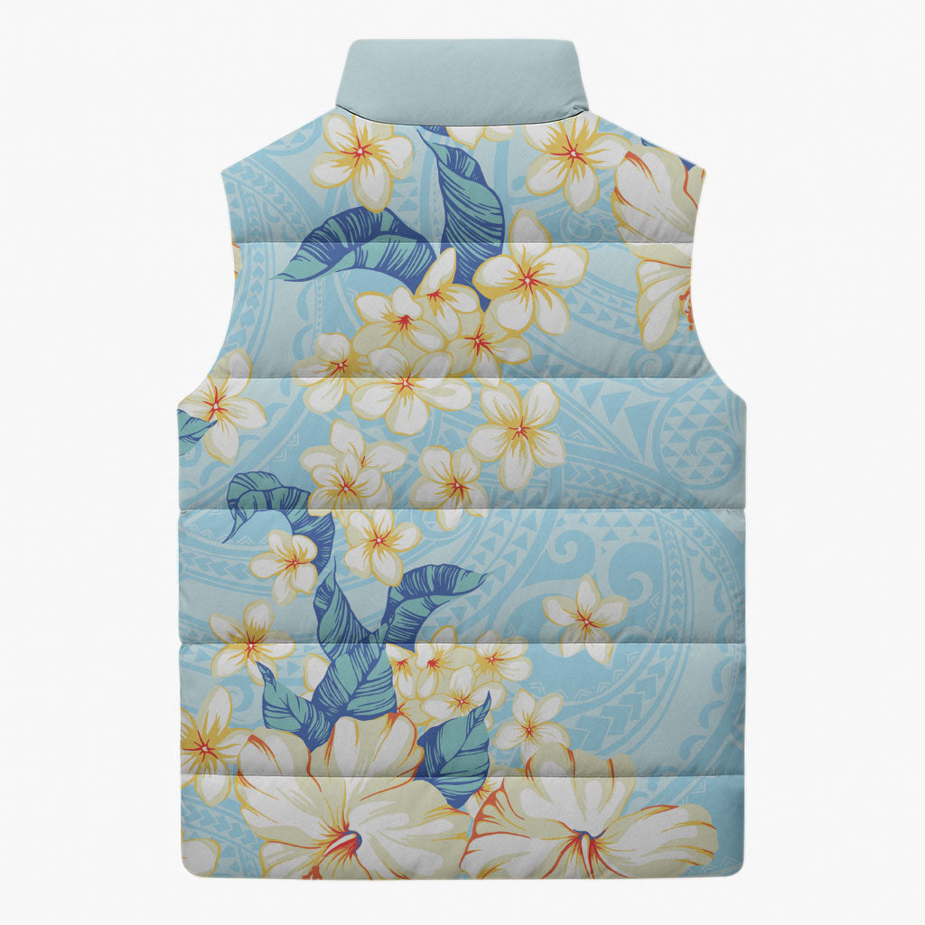 Hawaii Hibiscus Plumeria Blue Sleeveless Puffer Jacket Polynesian Pattern