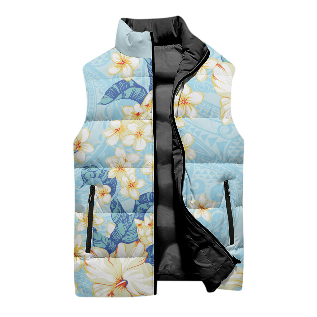 Hawaii Hibiscus Plumeria Blue Sleeveless Puffer Jacket Polynesian Pattern