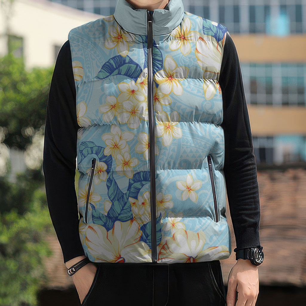 Hawaii Hibiscus Plumeria Blue Sleeveless Puffer Jacket Polynesian Pattern