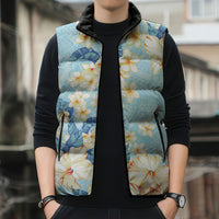 Hawaii Hibiscus Plumeria Blue Sleeveless Puffer Jacket Polynesian Pattern