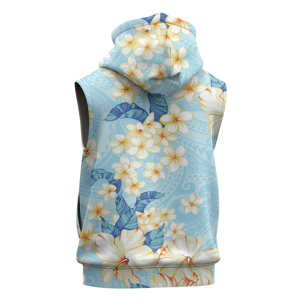 Hawaii Hibiscus Plumeria Blue Sleeveless Zip Hoodie Polynesian Pattern