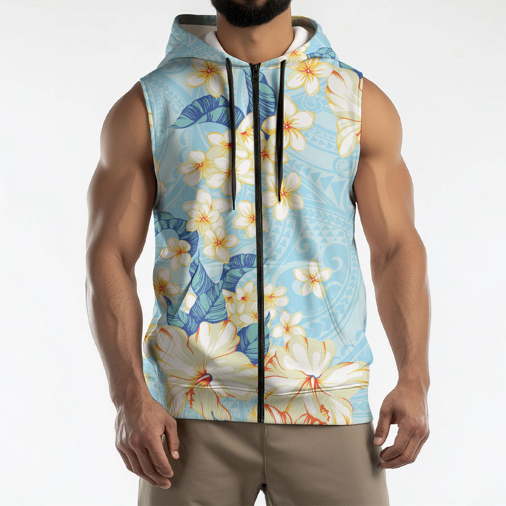 Hawaii Hibiscus Plumeria Blue Sleeveless Zip Hoodie Polynesian Pattern