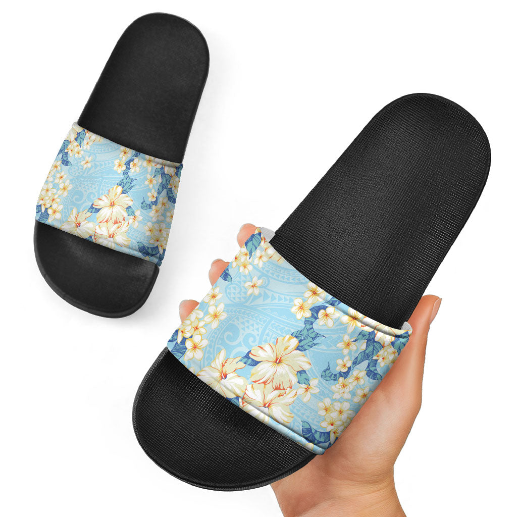 Hawaii Hibiscus Plumeria Blue Slide Sandals Polynesian Pattern