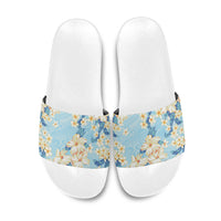 Hawaii Hibiscus Plumeria Blue Slide Sandals Polynesian Pattern