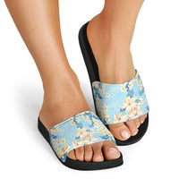 Hawaii Hibiscus Plumeria Blue Slide Sandals Polynesian Pattern