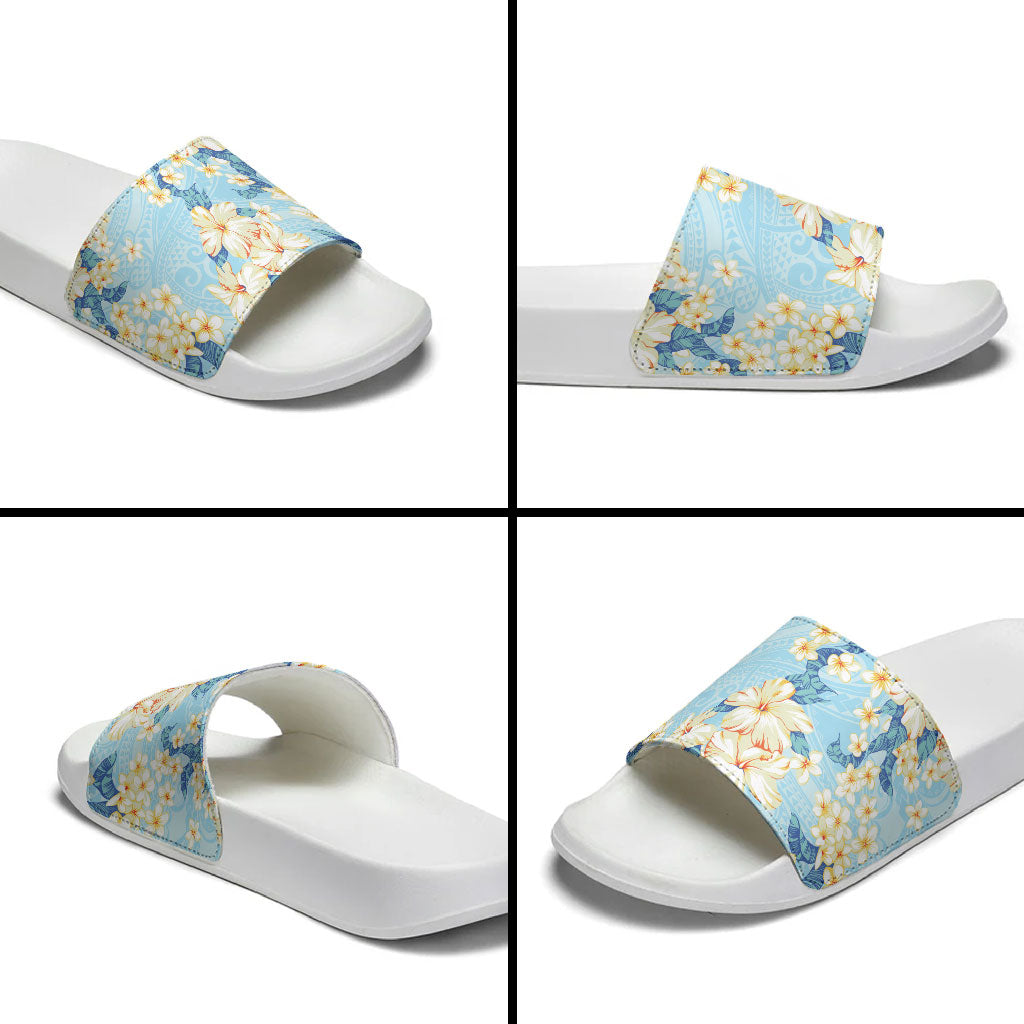 Hawaii Hibiscus Plumeria Blue Slide Sandals Polynesian Pattern
