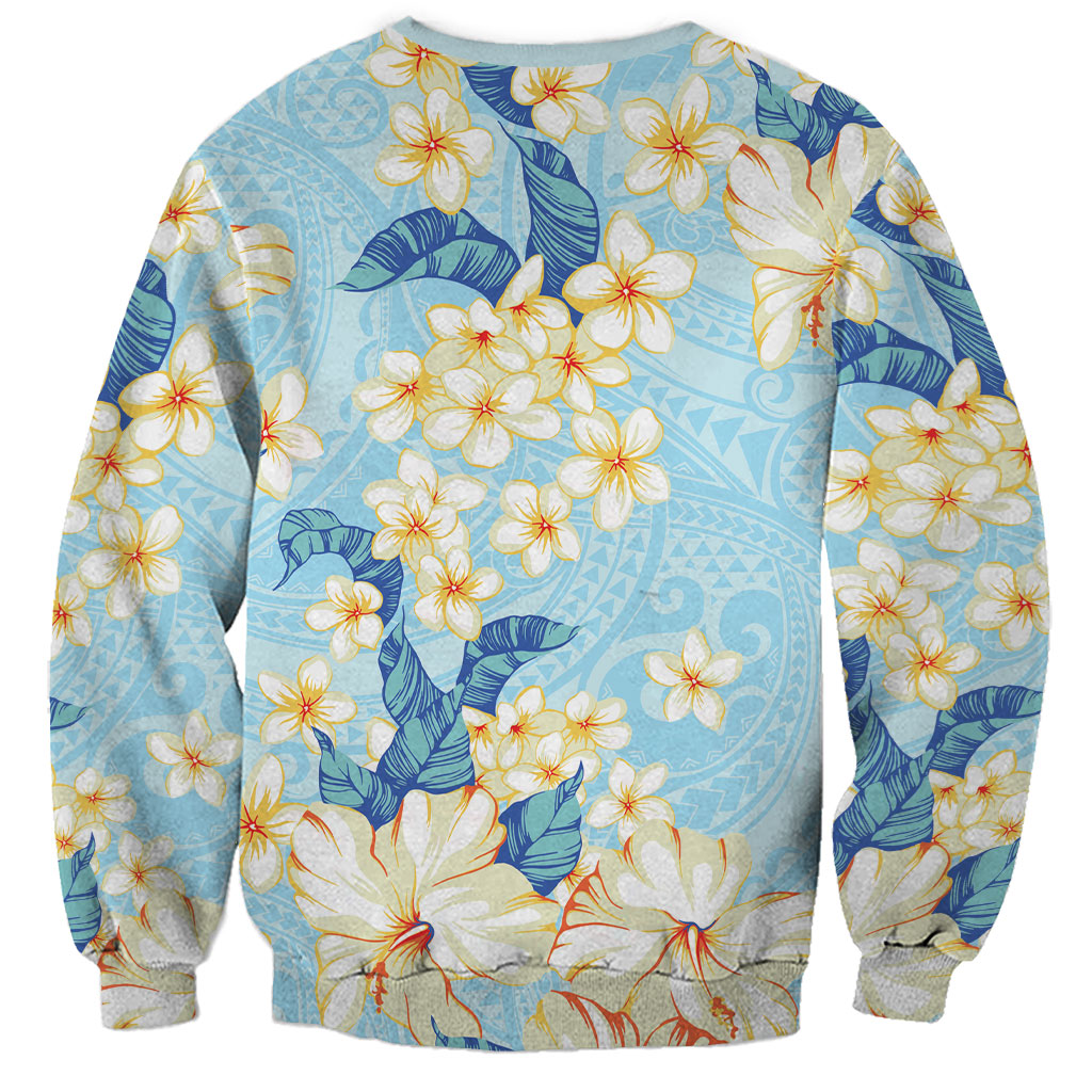Hawaii Hibiscus Plumeria Blue Sweatshirt Polynesian Pattern
