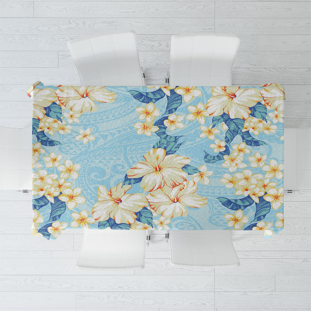 Hawaii Hibiscus Plumeria Blue Tablecloth Polynesian Pattern