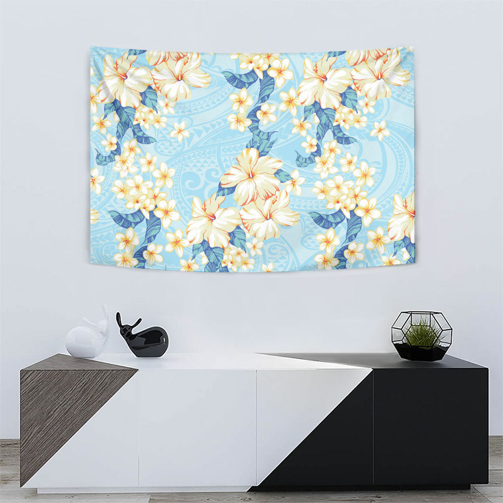 Hawaii Hibiscus Plumeria Blue Tapestry Polynesian Pattern