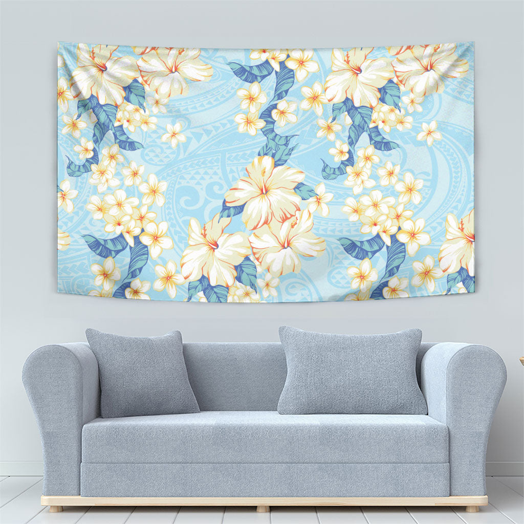 Hawaii Hibiscus Plumeria Blue Tapestry Polynesian Pattern