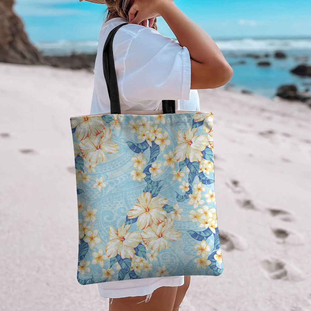 Hawaii Hibiscus Plumeria Blue Tote Bag Polynesian Pattern