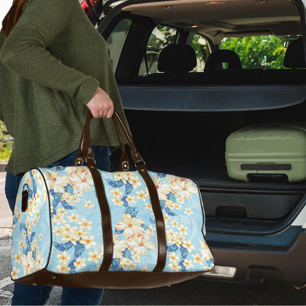 Hawaii Hibiscus Plumeria Blue Travel Bag Polynesian Pattern