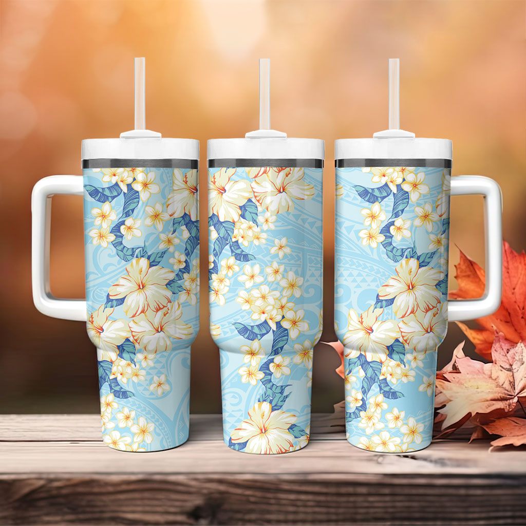 Hawaii Hibiscus Plumeria Blue Tumbler With Handle Polynesian Pattern