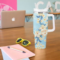 Hawaii Hibiscus Plumeria Blue Tumbler With Handle Polynesian Pattern