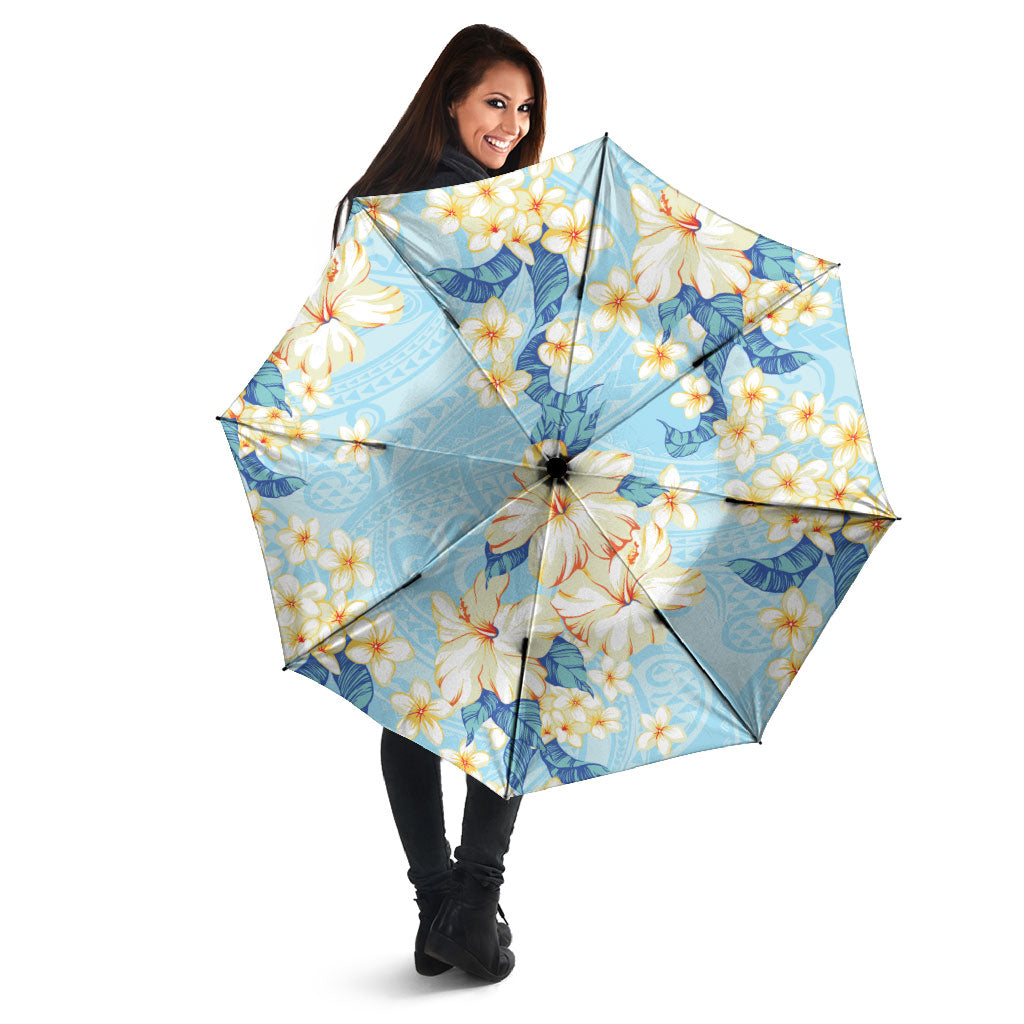 Hawaii Hibiscus Plumeria Blue Umbrella Polynesian Pattern