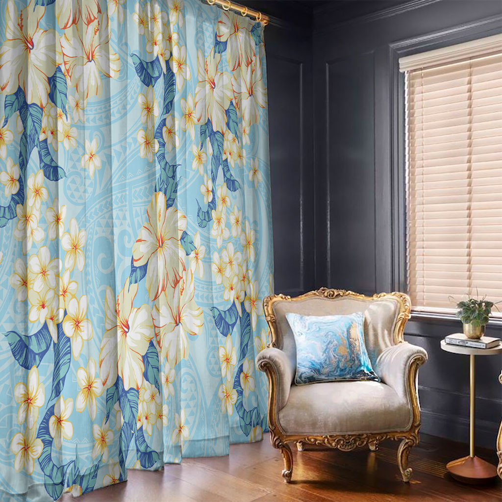 Hawaii Hibiscus Plumeria Blue Window Curtain Polynesian Pattern
