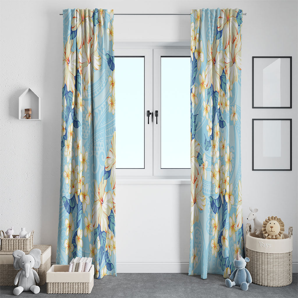 Hawaii Hibiscus Plumeria Blue Window Curtain Polynesian Pattern