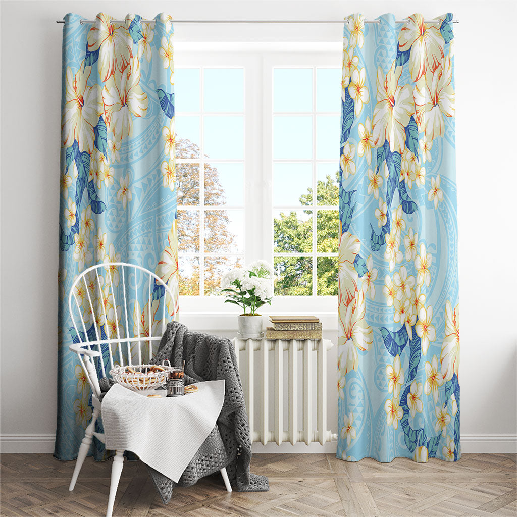 Hawaii Hibiscus Plumeria Blue Window Curtain Polynesian Pattern