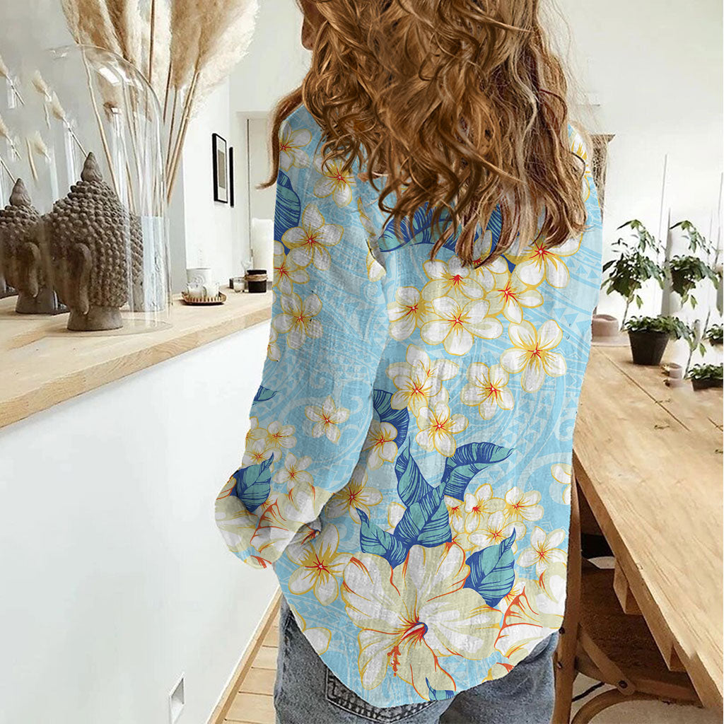 Hawaii Hibiscus Plumeria Blue Women Casual Shirt Polynesian Pattern