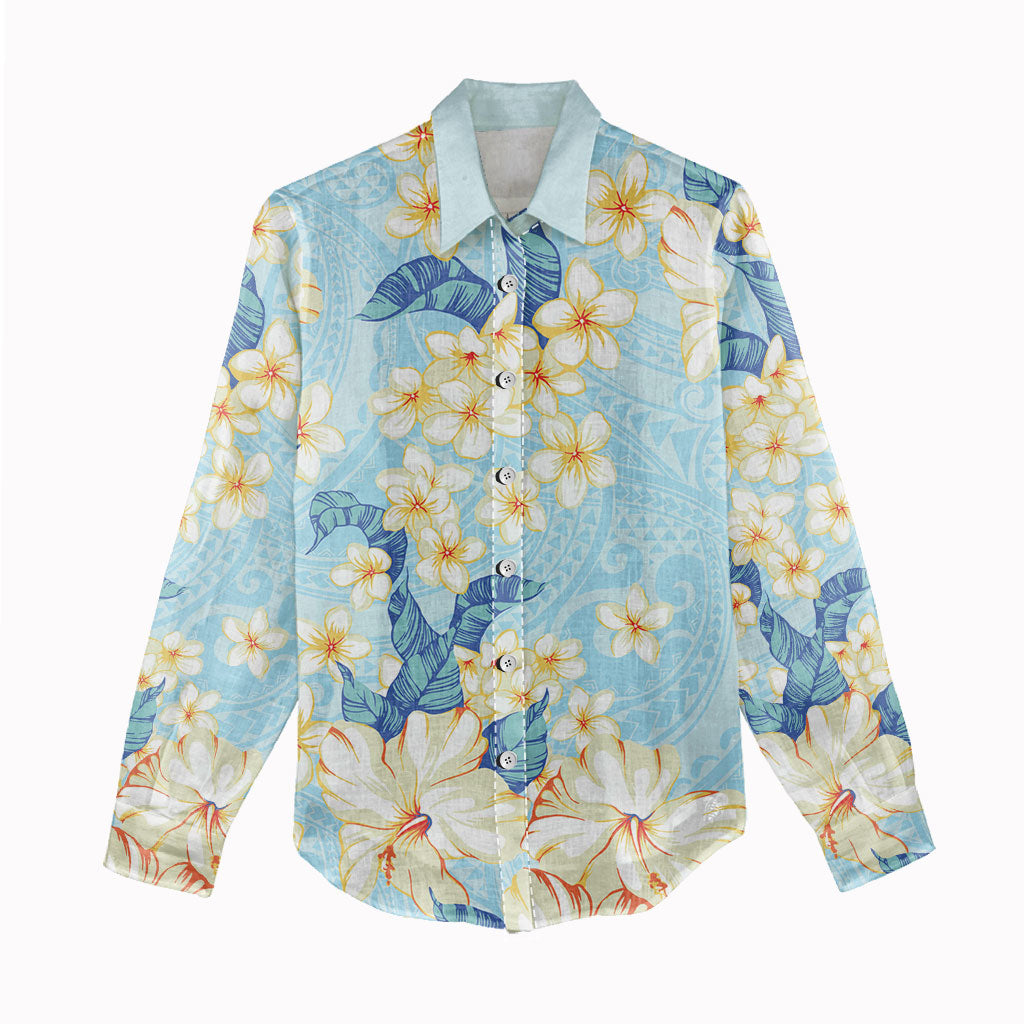 Hawaii Hibiscus Plumeria Blue Women Casual Shirt Polynesian Pattern