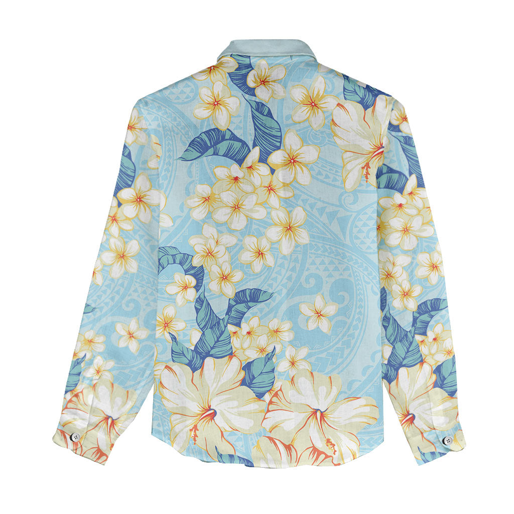 Hawaii Hibiscus Plumeria Blue Women Casual Shirt Polynesian Pattern
