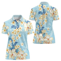 Hawaii Hibiscus Plumeria Blue Women Polo Shirt Polynesian Pattern