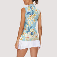 Hawaii Hibiscus Plumeria Blue Women Sleeveless Polo Shirt Polynesian Pattern