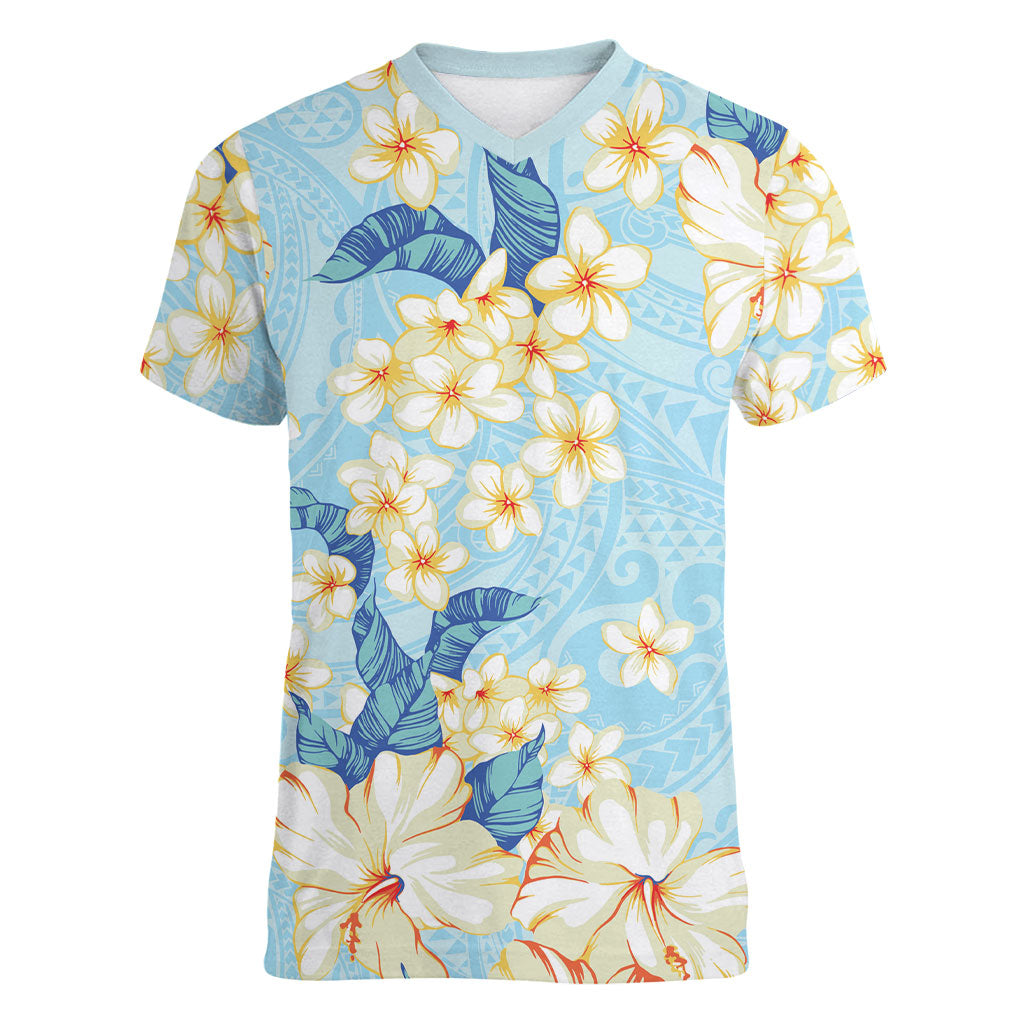 Hawaii Hibiscus Plumeria Blue Women V-Neck T-Shirt Polynesian Pattern