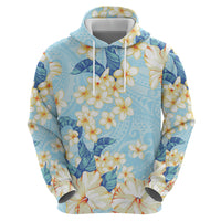 Hawaii Hibiscus Plumeria Blue Zip Hoodie Polynesian Pattern