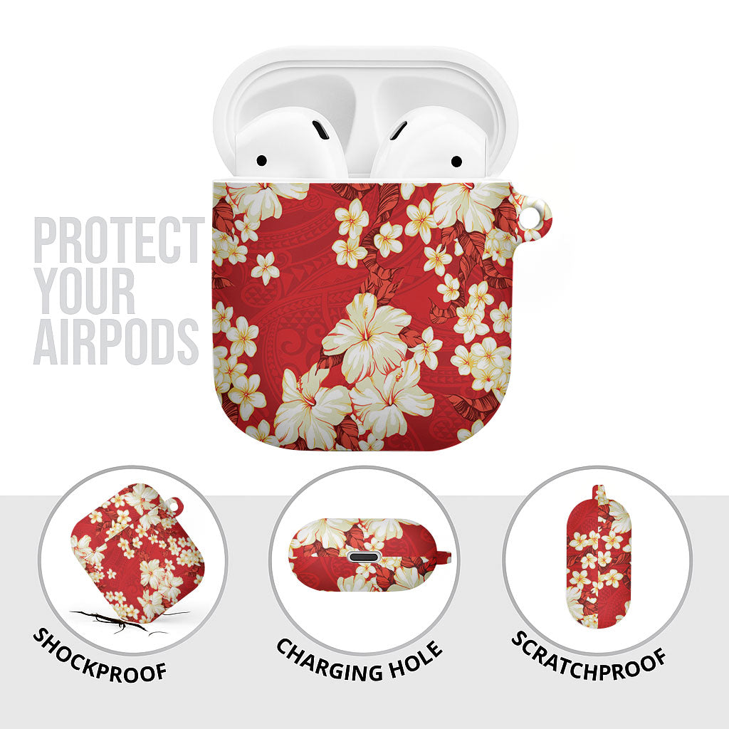Hawaii Hibiscus Plumeria Red AirPods Case Polynesian Pattern