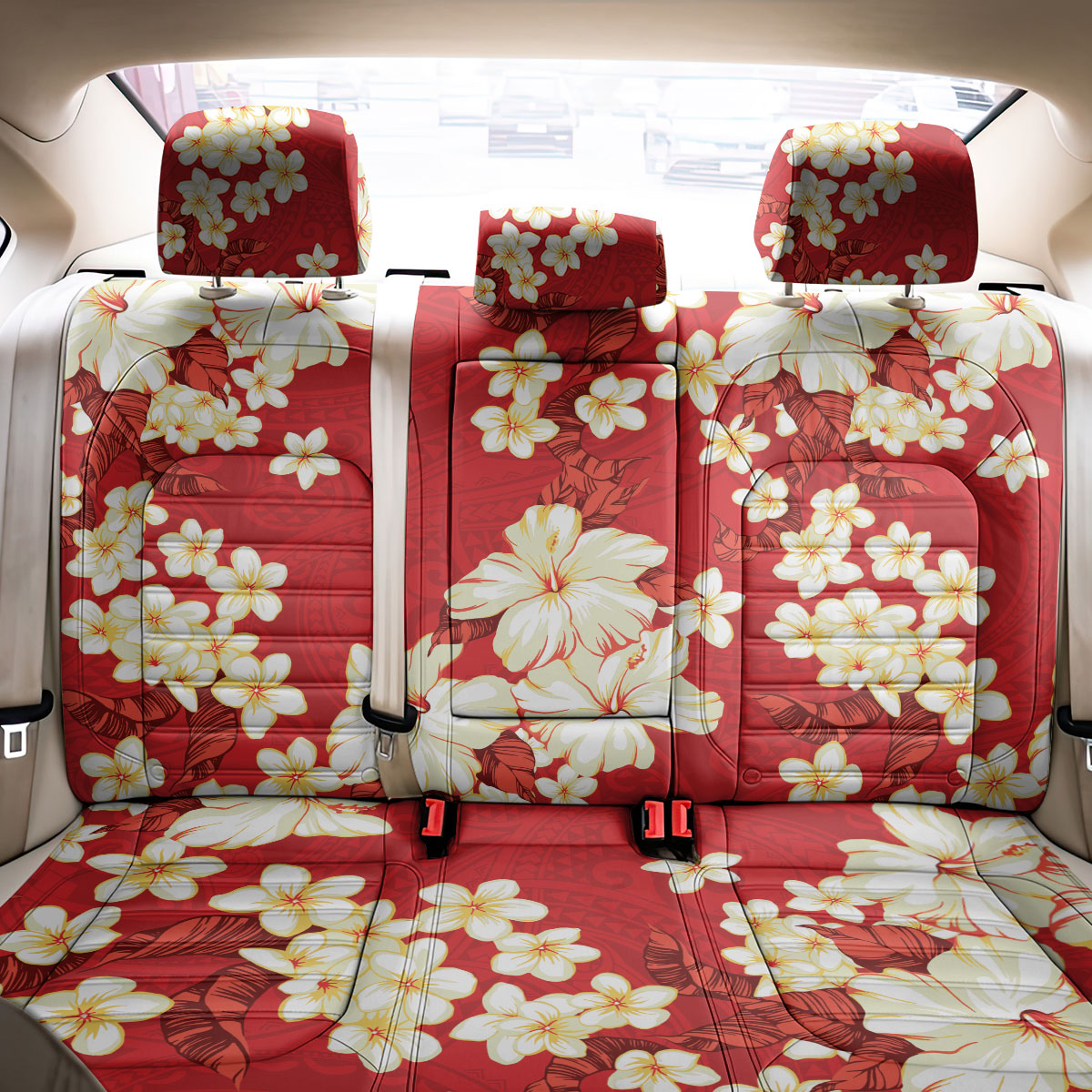 Hawaii Hibiscus Plumeria Red Back Car Seat Cover Polynesian Pattern