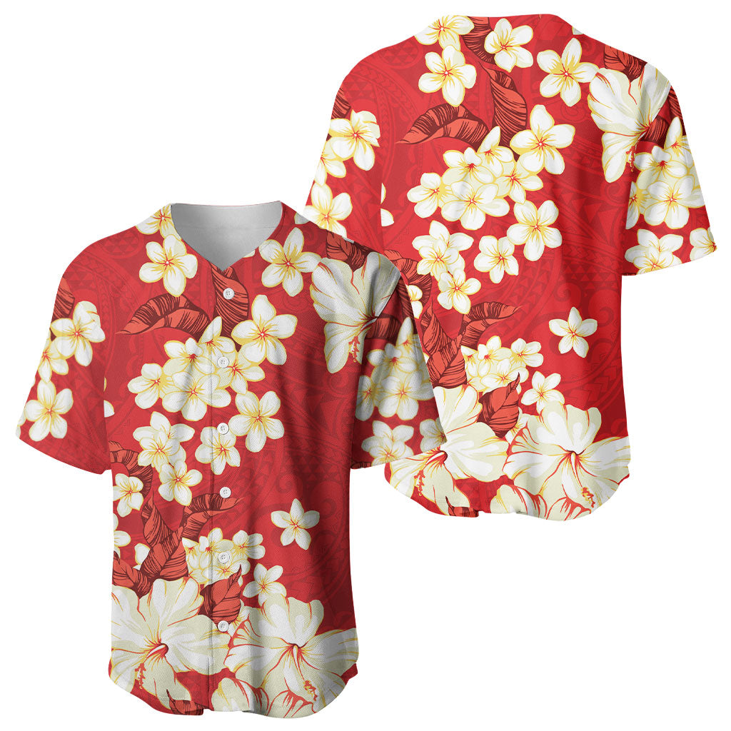 Hawaii Hibiscus Plumeria Red Baseball Jersey Polynesian Pattern