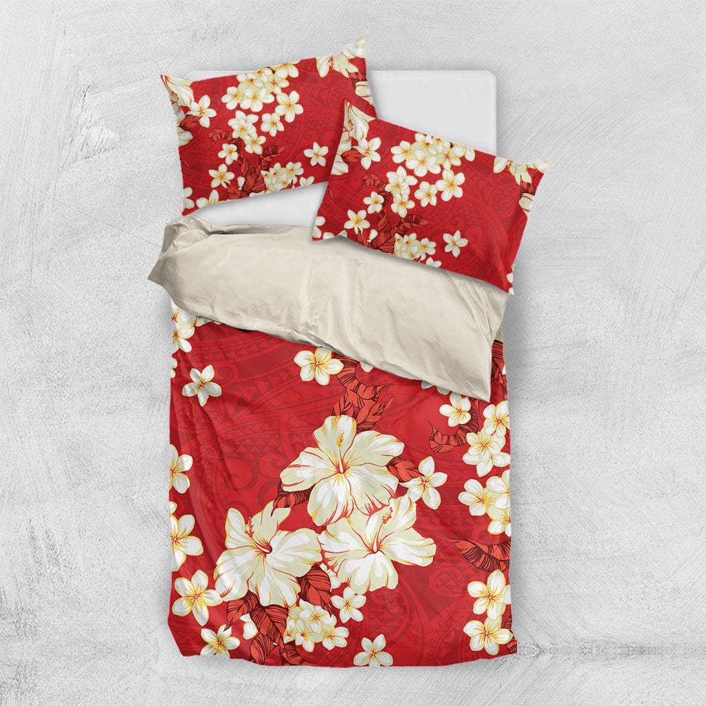 Hawaii Hibiscus Plumeria Red Bedding Set Polynesian Pattern