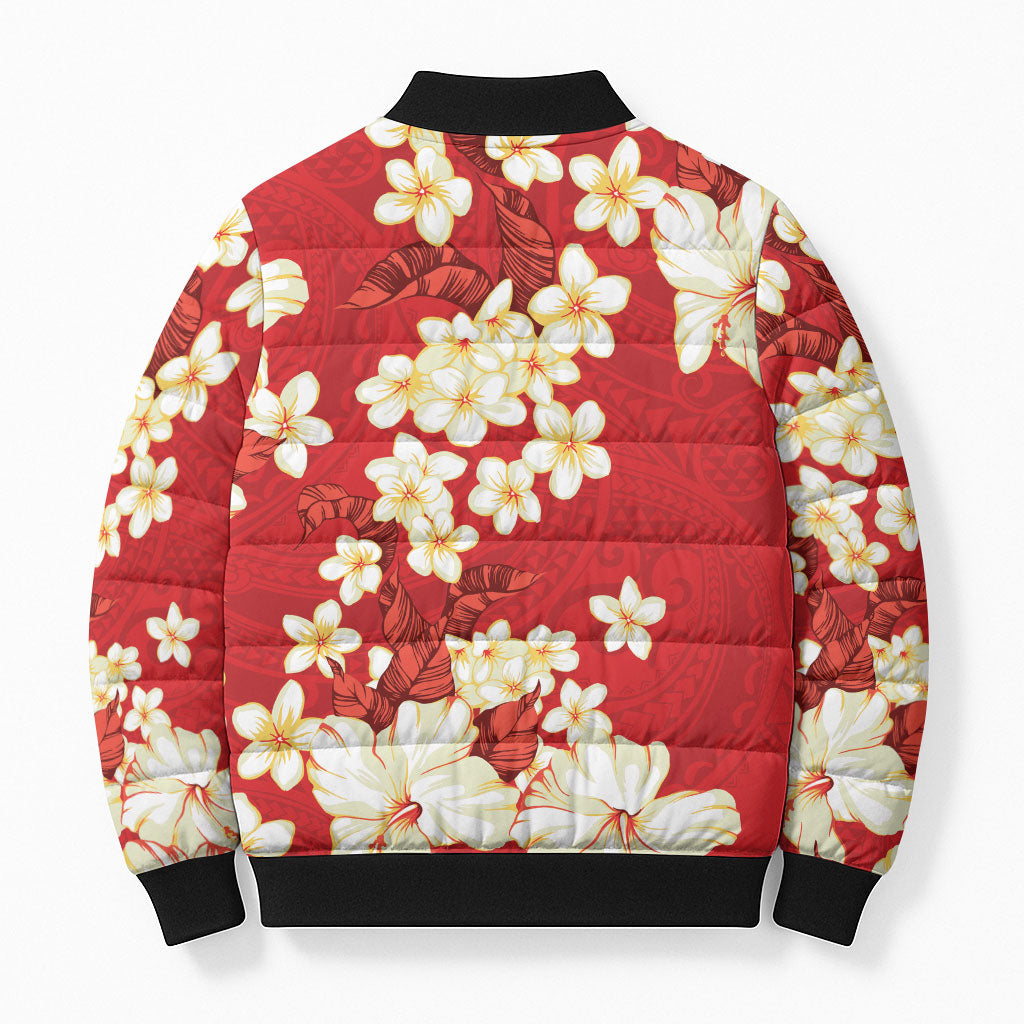 Hawaii Hibiscus Plumeria Red Bomber Puffer Jacket Polynesian Pattern